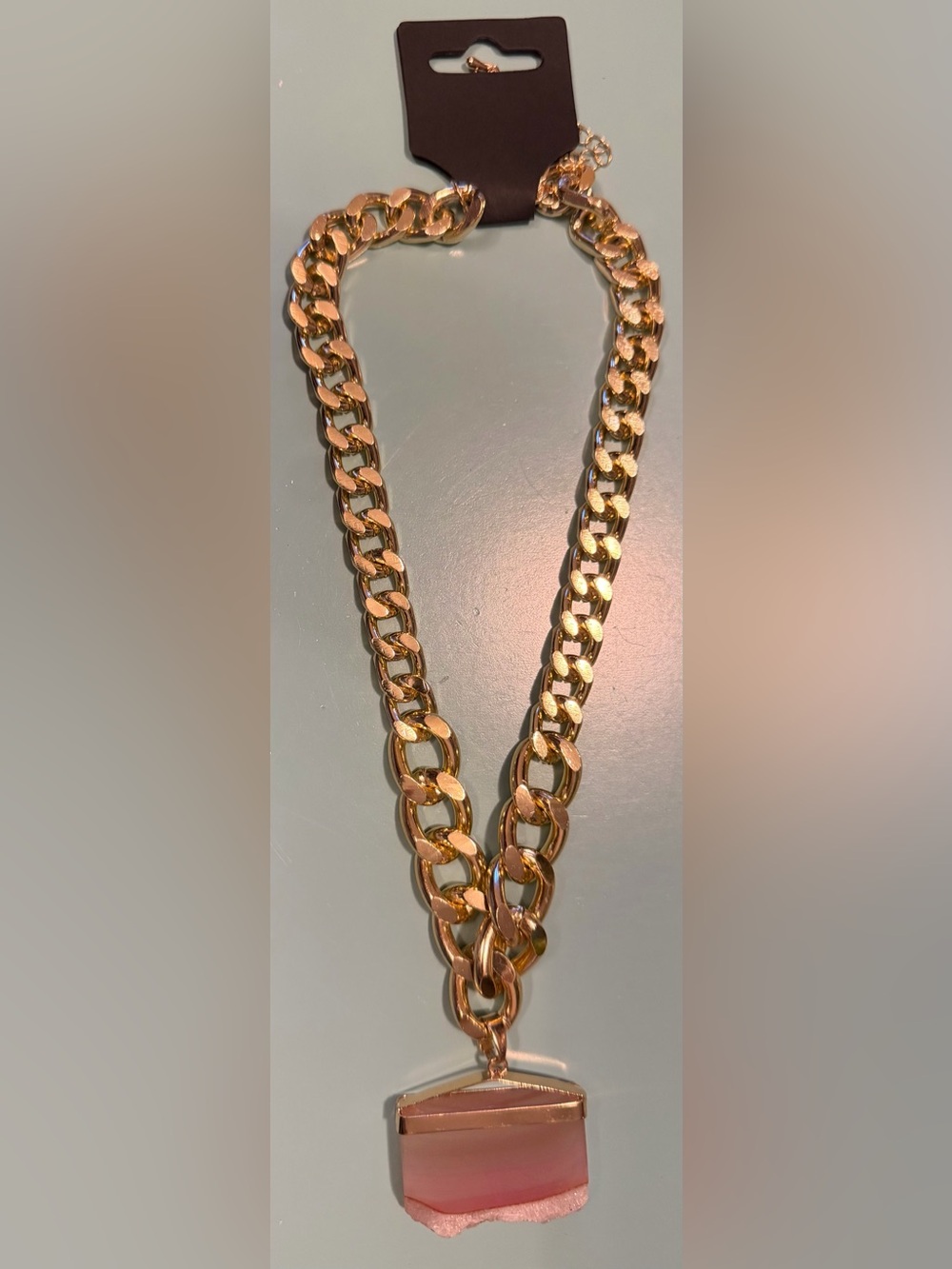 Gold-Tone Chunky Cuban Link Necklace - Reddish-Pink Quartz Crystal Stone Pendant
